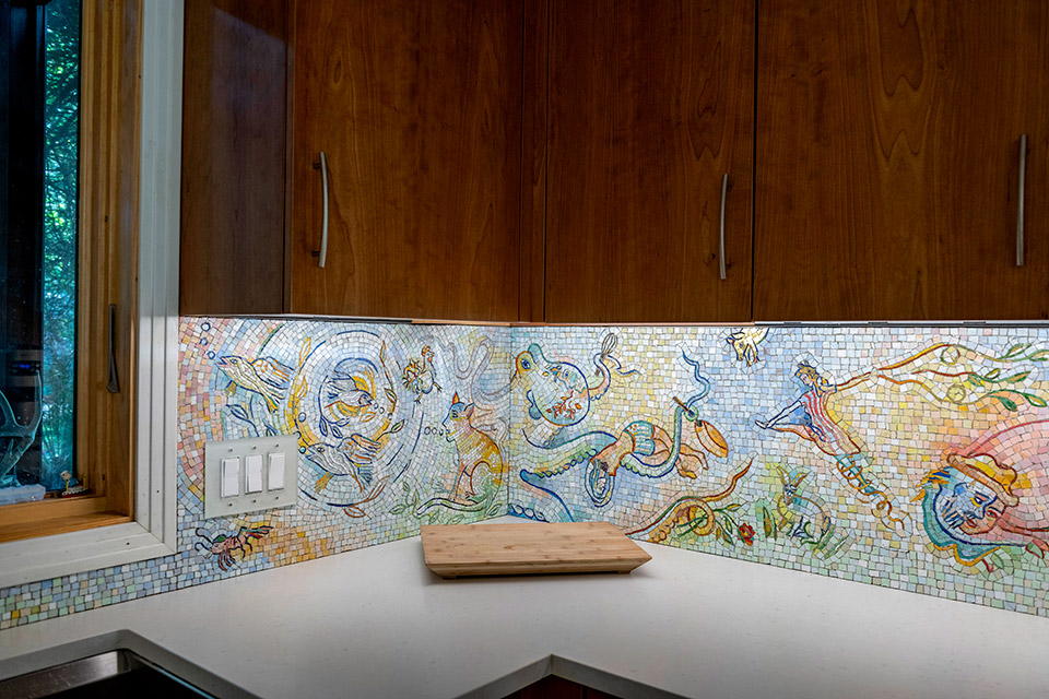 Celia Berry mosaic Marc Chagall Inspired Kitchen Backsplash, corner view