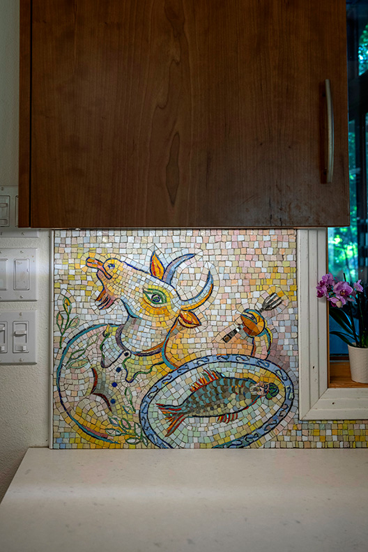 Celia Berry mosaic Marc Chagall Inspired Kitchen Backsplash, detail