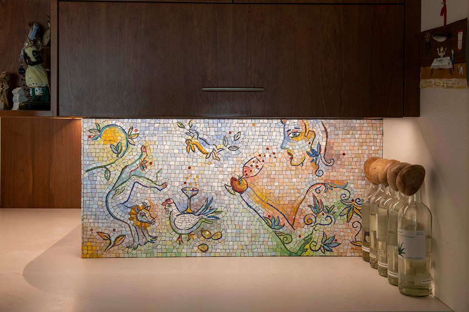 Celia Berry mosaic Marc Chagall Inspired Kitchen Backsplash, end detail