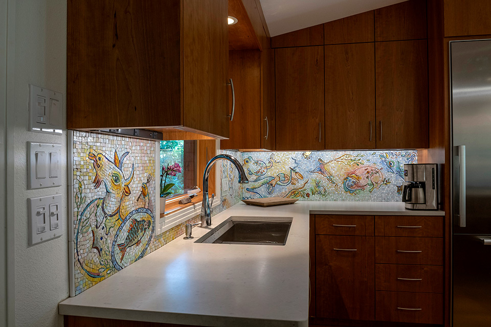 Celia Berry mosaic Marc Chagall Inspired Kitchen Backsplash